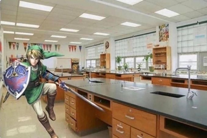 Link, character from the rpg legend of Zelda, in a biology class room