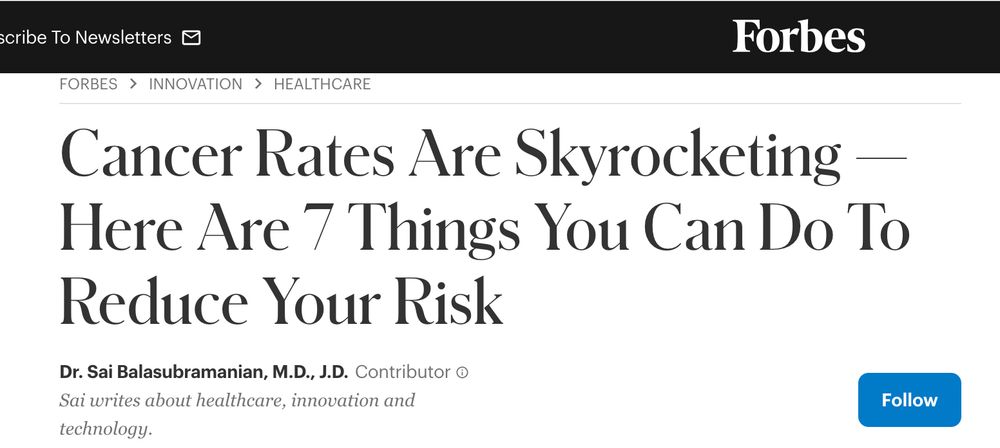 Headline from Forbes article claims cancer rates are skyrocketing.