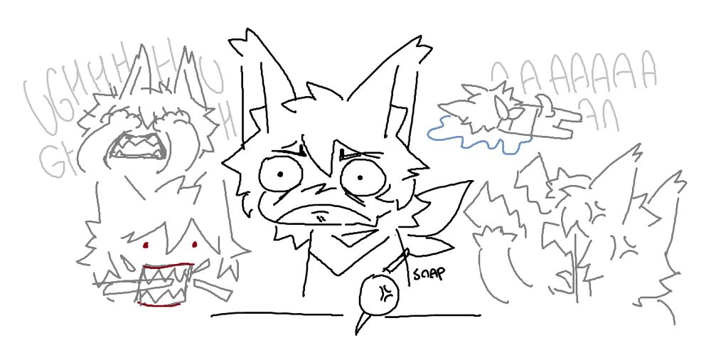 mspaint drawing of a cat humanoid sona, looking visibly agitated and gripping a pencil so hard it snaps in half. Surrounding in the back are faded image of the same character; top left with hands to face screaming, bottom left with red eyes and biting a stick apart, top right with a smaller version of the character in a puddle of tears screaming, and bottom right tearing apart a piece of paper in rage with tears streaming down and screaming. 