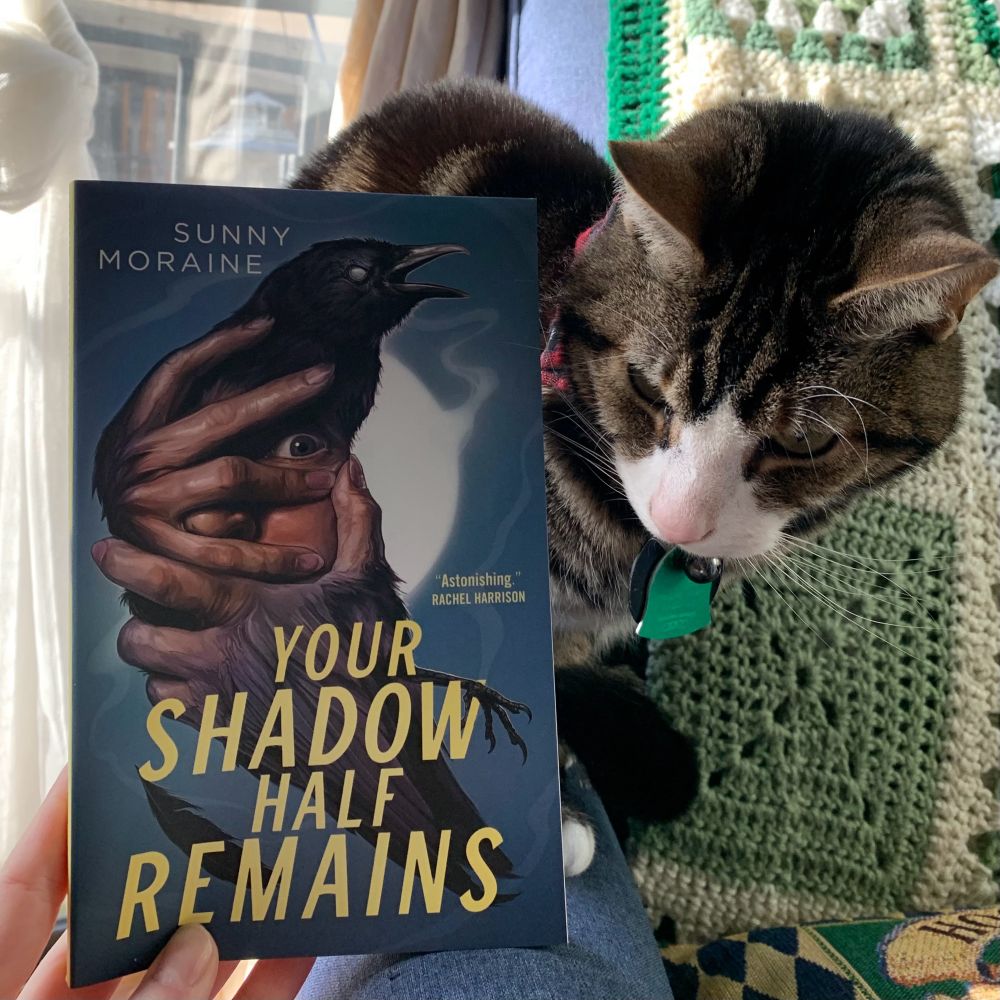 Cat pictured with a copy of Your Shadow Half Remains by Sunny Moraine