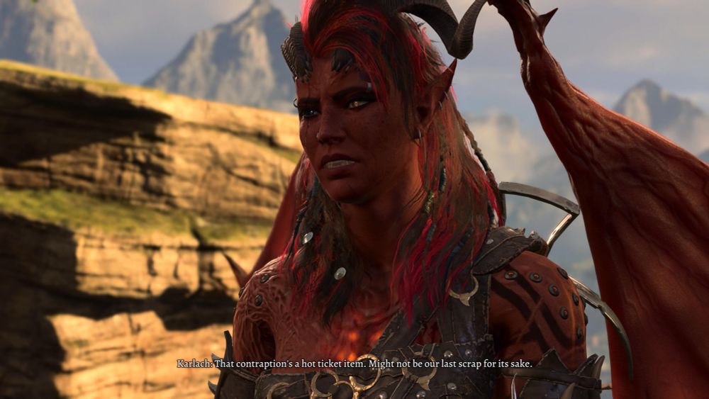 Karlach from Baldur’s Gate 3 with a blacked out, scarred eye and longer hair.