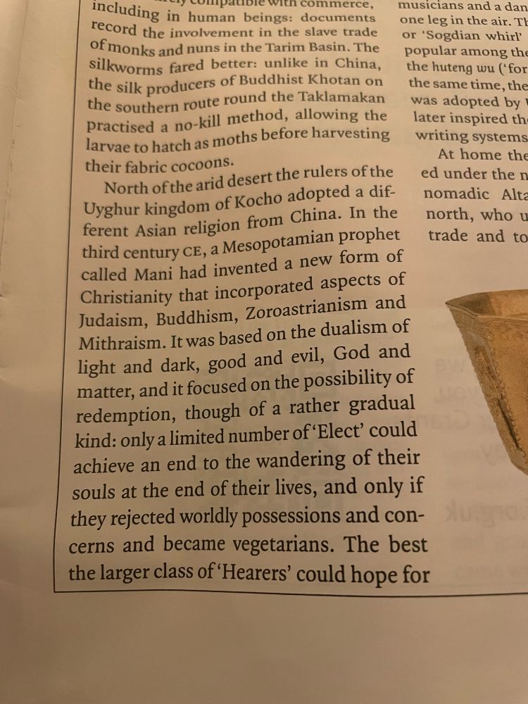 Photo of a print article reading in part “only a limited number of 'Elect' could achieve an end to the wandering… if they rejected worldly possessions and concerns and became vegetarians.”