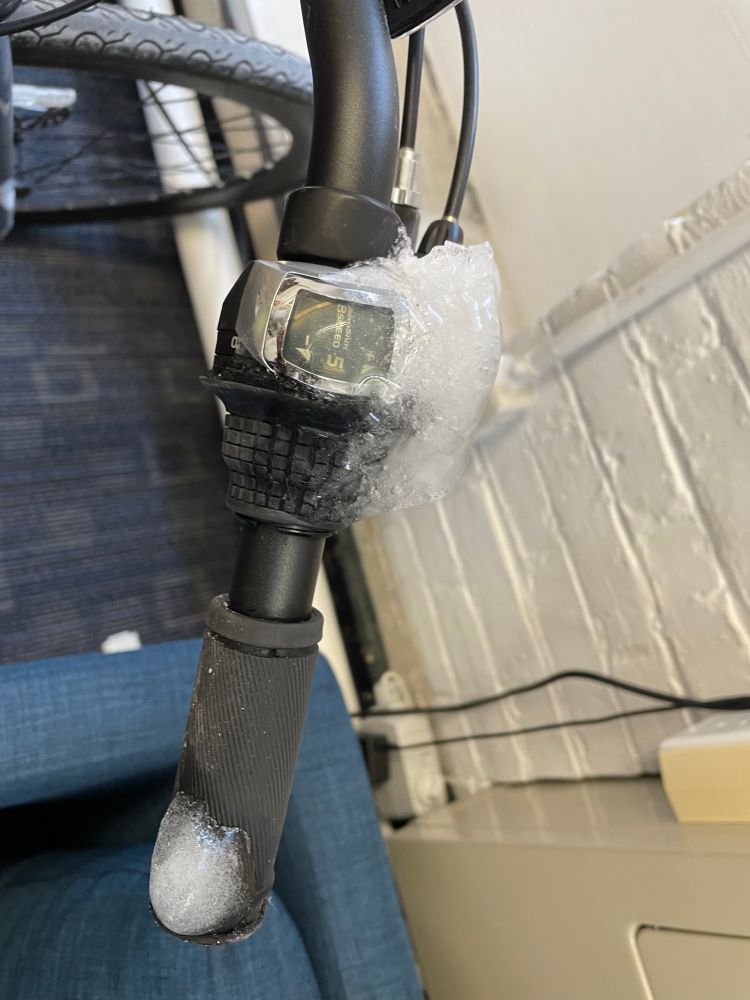 Bike handle gearbox encased in ice