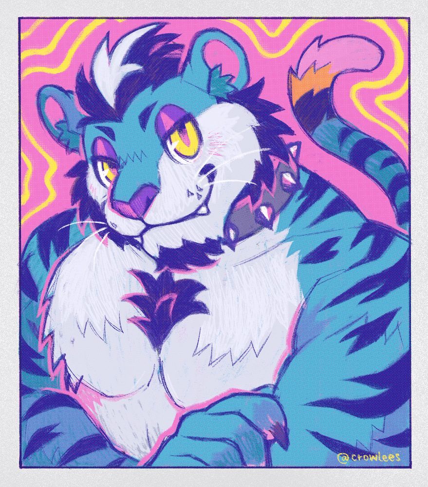 Sketchy bust portrait of a buff blue tiger with bright yellow eyes and a spiked collar, crossing his arms with a smug expression.