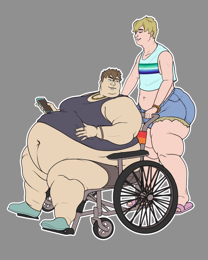 Featured characters: Dan and Liam
Liam, massively overweight, sits in a wheelchair on his phone. He looks over his shoulder to Daniel. His belly is out, extruding from a poorly fitting tanktop. 
Daniel wears a crop top and a pair of torn shorts, tightly worn over his expansive rear. The two share a look of knowing cockiness and confidence. 

The piece uses only flat colours.