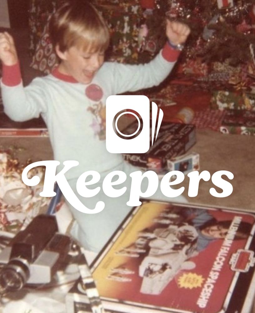 Child opening a Millenium Falcon toy at Christmas behind the logo for Keepers, a new video app