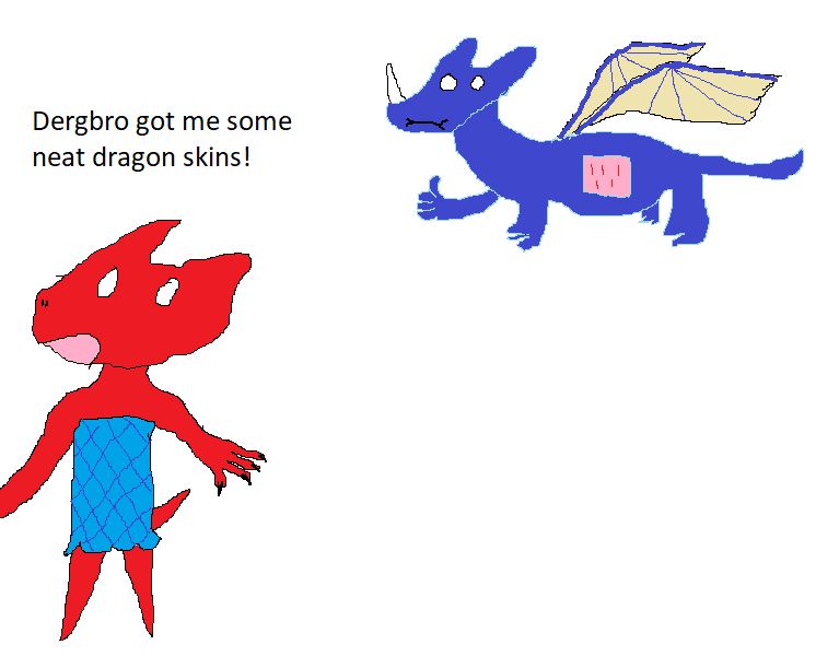 A kobold is wearing a dragonskin dress gifted by her dragon brother. The dragon has a conspicuously dress shaped injury.