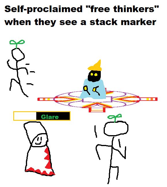 A black mage with a stack marker refuses to leave his leylines to stack with their party. The sprouts in the party run away from the marker. The white mage is too busy trying to be a DPS to heal, let alone stack. The text at the top reads: Self-proclaimed "free thinkers" when they see a stack marker