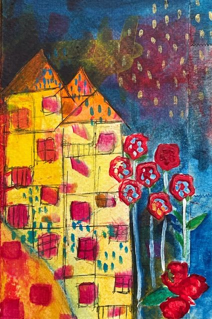Mixed media painting of buildings & vegetable stamped flowers