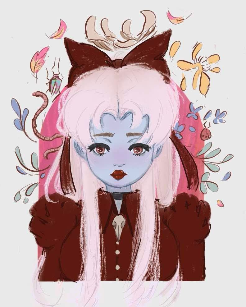 A girl with blueish pale skin and light hair, wearing a red blouse a bird skull pin. Surrounding her are autumn foliage and various bugs