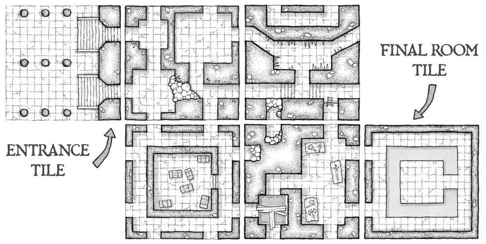 A series of dungeon tiles arranged to create a dungeon location with multiple rooms