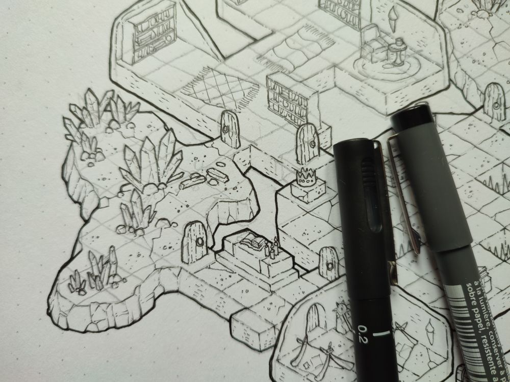 A work in progress isometric map, including a crystal cave.