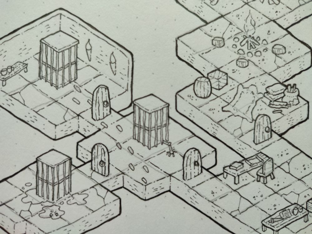 An in progress illustration of an isometric dungeon map, including jail cells