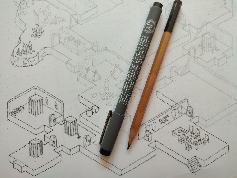 A wide shot of an isometric map, partially inked.