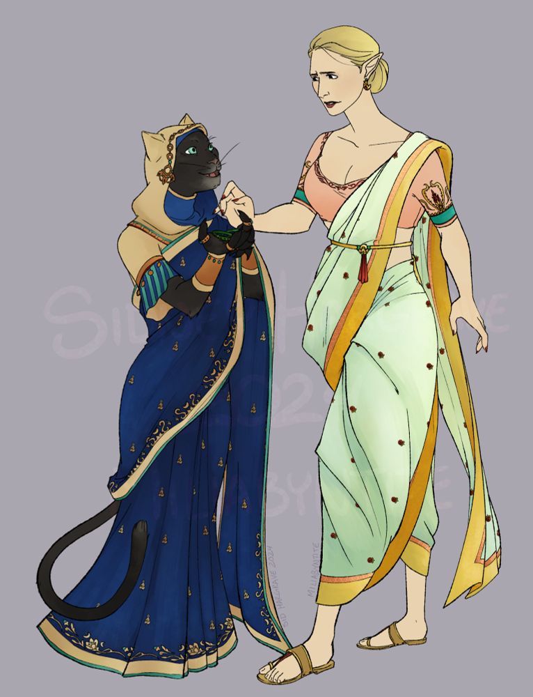 a tall blonde elven woman in peach blouse and mint sari dhoti is reaching out to a short, black-furred cat woman in golden blouse/head covering and deep blue sari. the cat holds two green bangles, which she offers cheerfully to the other. elf looks like she has conflicting feelings.