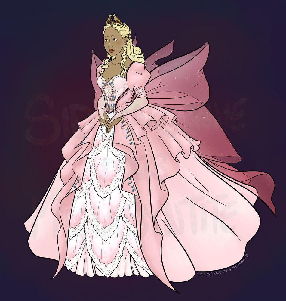 illustration of a young human woman with light brown skin, brown eyes, and pale blonde hair. her hair is pulled back into a half-updo using a braid, and falls in waves down her neck. she wears a gold wing-themed tiara and an extravagant fluffy pink dress. the dress has ruffles that wrap around the top of the skirt, parting in the front to show a scale-pattern fall of lace and chiffon (over more, thinner ruffles). the body of the skirt beneath the ruffles is smooth pale pink. her sleeves are puffy, and she wears transparent gloves that come up to meet them. a humongous pink bow comes from the back of her bodice. the front of her bodice has a sweetheart cut and is decorated with blue flowers and her house sigil, which is a swan with a flower in its beak.