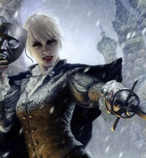 Imagen de Ulrika Magdova, la vampiresa molona de warhammer. Concapa, ropera una mascara en la mano y cabello blanco y corto