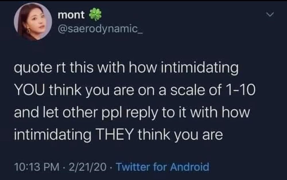 Quote rt this with how intimidating YOU think you are on a scale of 1-10 and let ppl reply to it with how intimidating THEY think you are