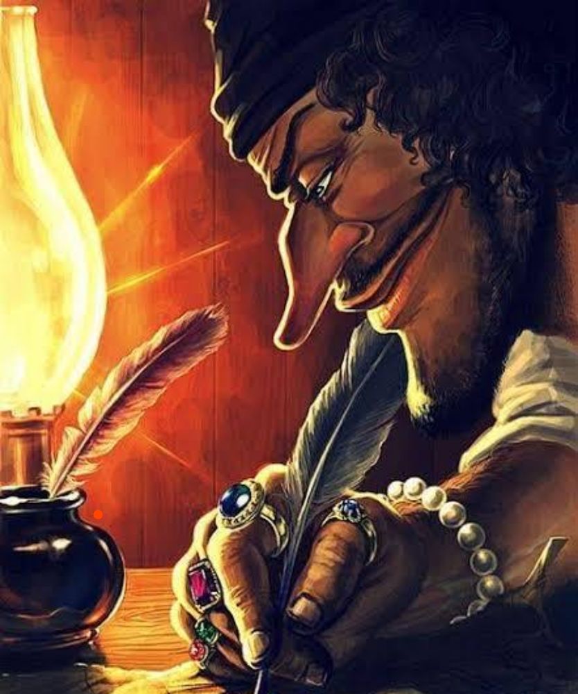 Barbanegra, sonriente y a la luz de un candil, escribiendo con pluma y tinta algún texto