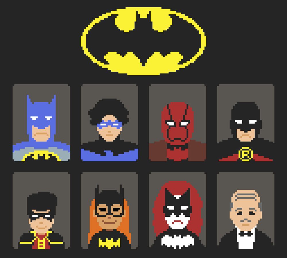 Pixelart de 8 personagens da batfamília, em ordem: Batman (Bruce Wayne), Asa Noturna (Dick Grayson), Capuz Vermelho (Jason Todd), Robin Vermelho (Tim Drake), Robin (Damian Wayne), Batgirl (Barbara Gordon), Batwoman (Kate Kane) e Alfred Pennyworth