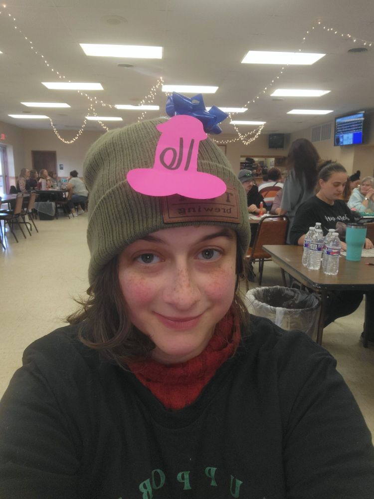 Image is of Grim, the page owner. They are light olive toned with grey eyes, rosy cheeks, and freckles across their nose. She has on a RAR Brewing Beanie, adorned with a paper cut out penis with the number 16 on it and a blue bow, as if one you'd put on a gift. Their hair is to just below the chin and dirty blonde, mostly concealed by the beanie. He is wearing a red turtleneck layered underneath a black t-shirt with indiscernable text, as the photo cuts off below the shoulders and just above the chest. Nothing else in the photo is relevant. Grim is nonbinary and uses any pronouns. 