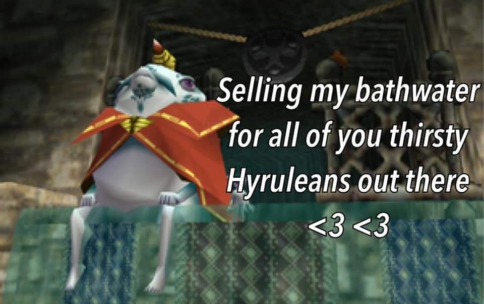 King Zora from Legend of Zelda: Ocarina of Time sits atop an indoor waterfall. The walls are light grey stone. The gate to Jabba Jabba is behind him, he's sitting to its left. King Zora himself is a large, rotund, fish creature, light blue and white, wearing a red kingly robe. It says "Selling my bathwater for all you thirsty Hyruleans out there." followed by two of the less than 3 symbols that indicate hearts. 