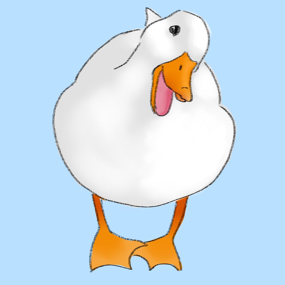 Desenho de um pato branco com bico e pés laranjas. O fundo é azul claro. Sua cabeça está um pouco tombada e sua boca aberta, dando a impressão de que ele está sorrindo