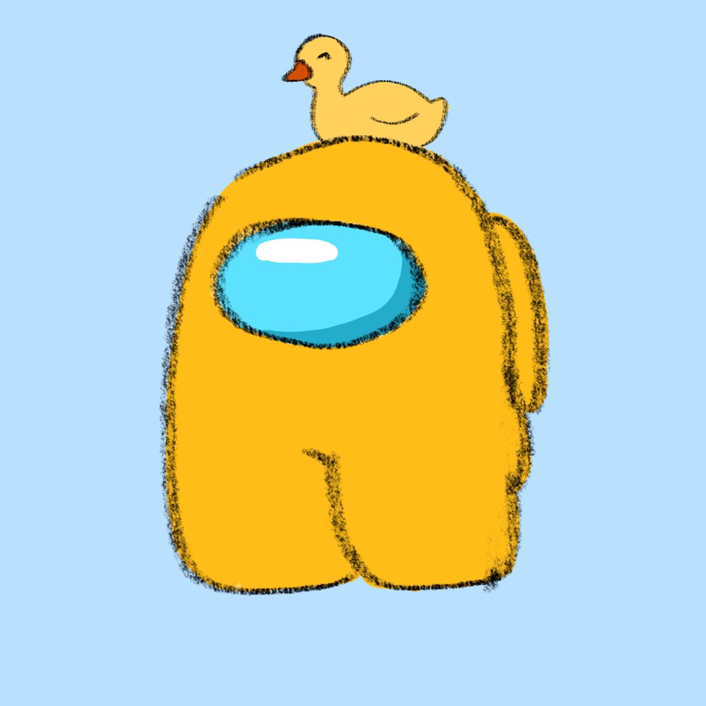 Desenho do personagem amarelo do jogo Among Us com um pato amarelo de bico laranja em sua cabeça. O pato está feliz. O fundo é azul claro
