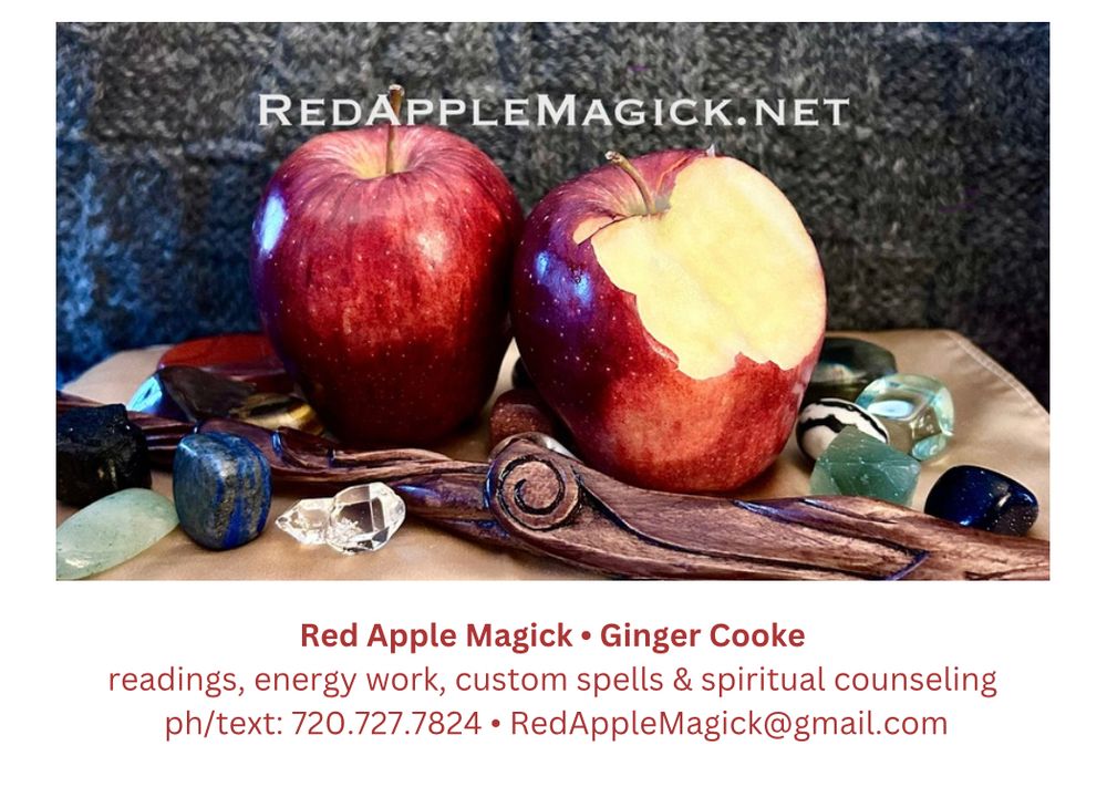 A business card for Red Apple Magick. Readings, energy work, spells and counseling. 
RedAppleMagick.net - 720.727.7824 - RedAppleMagick@gmail.com