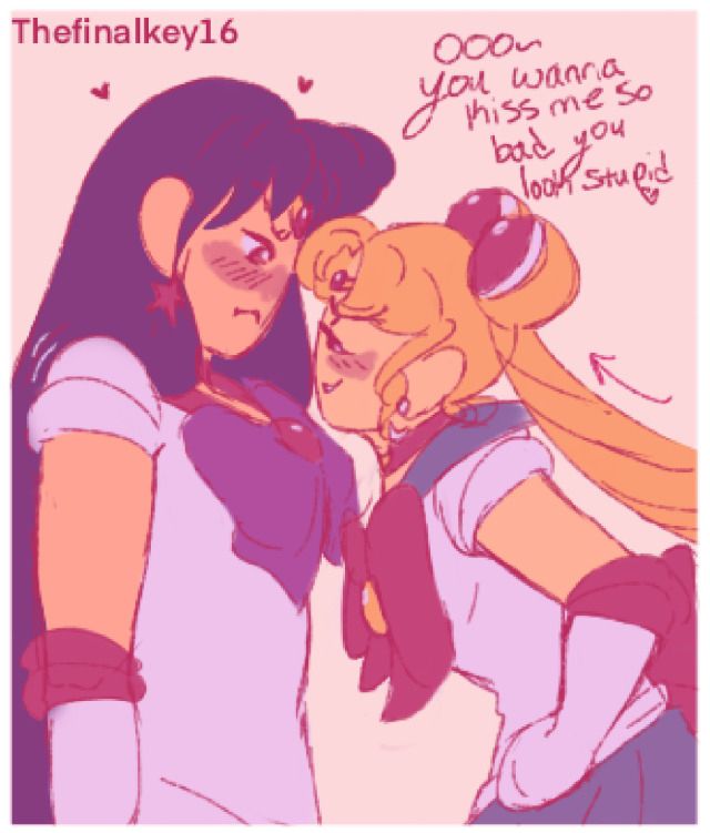Sailor moon leaning to Sailor Mars, teasing her by saying “Ooo~ you wanna kiss me so bad you look stupid~”