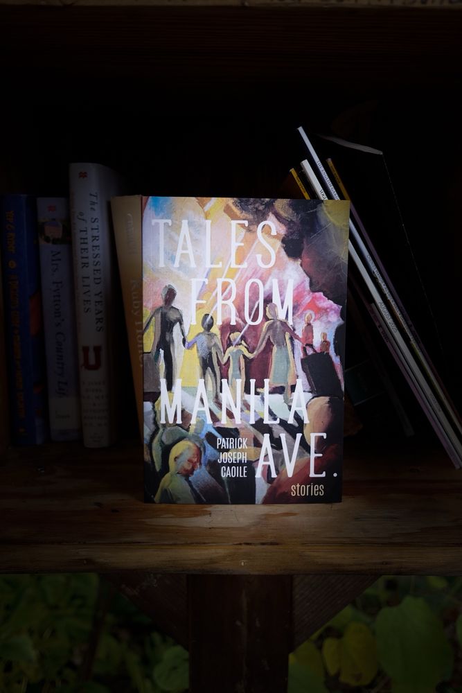 Book titled “Tales from Manile Ave.” sits in Little Free Library booth.