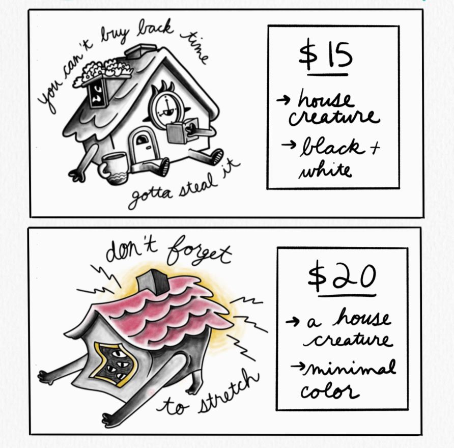 commission sheet showing examples of the $15 tier (house creature in black and white) and the $20 tier (house creature with minimal colors)