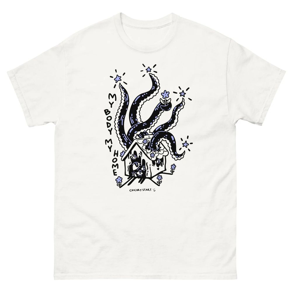 The creature house design printed in the middle of a white t-shirt. It looks cool!
