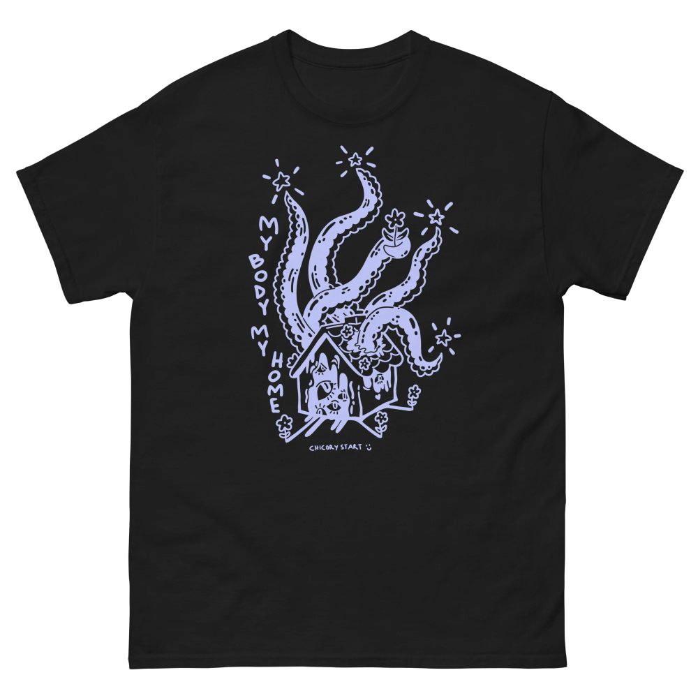 The creature house design printed in light purple ink on a black t-shirt. It looks pretty cool