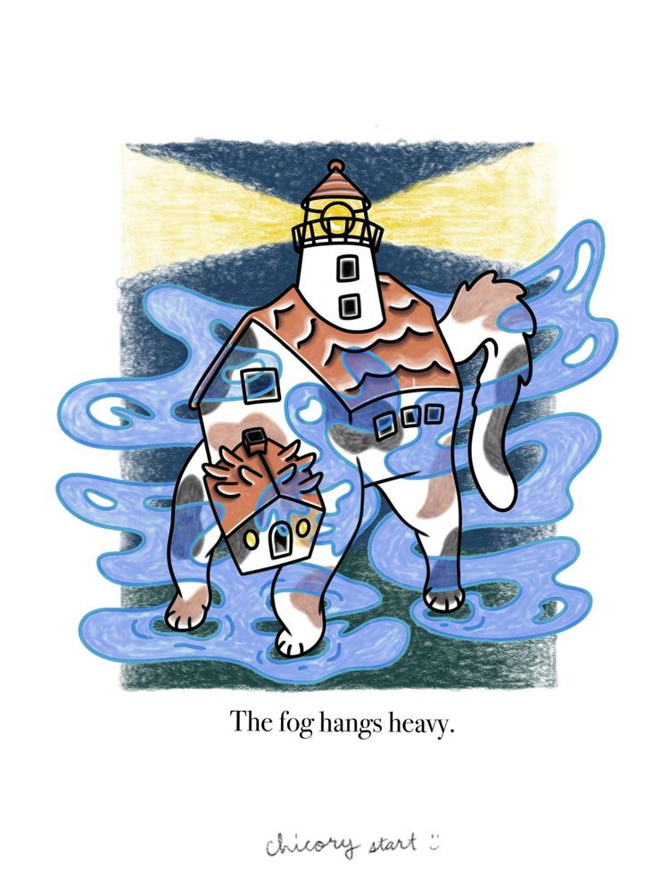 a digital drawing of a house creature that's a cross between a lighthouse and a calico cat. It's surrounded by a blue and purple fog.