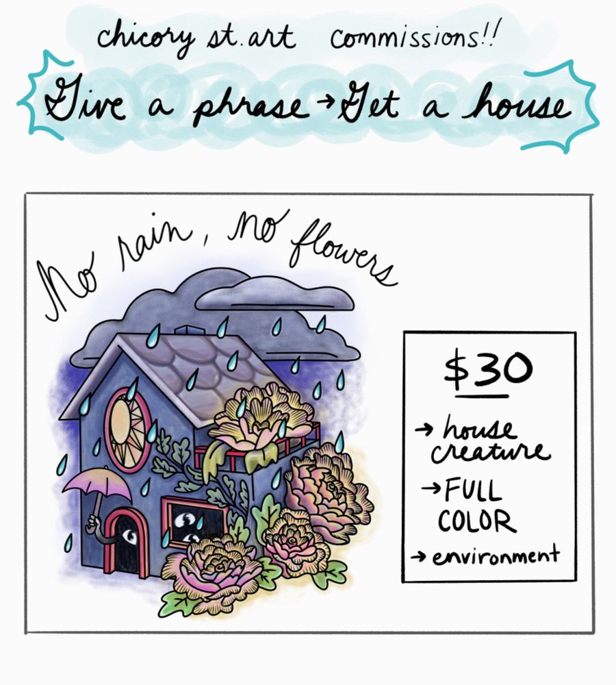 commission sheet showing an example of the $30 tier which includes a house creature, full color, and environment