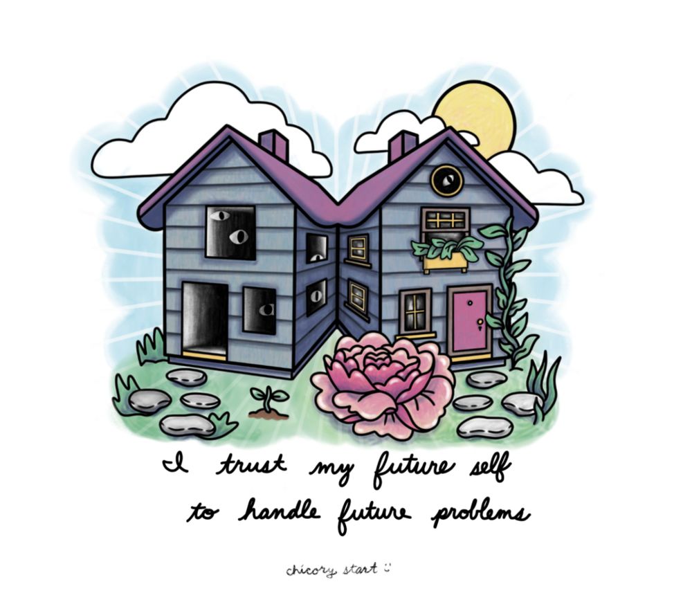 digital drawing of two houses side by side, almost mirror images of each other. The house on the left is pretty bare with darkened doors and windows. The house on the right is has a bright front door and window frames with flowers and greenery around it. 