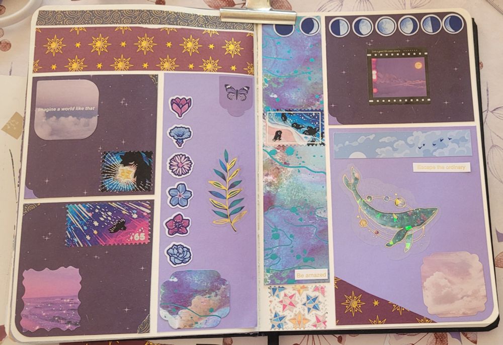 Collage mainly purple dark&light, geometric placement with stickers around space, sky and sea. 