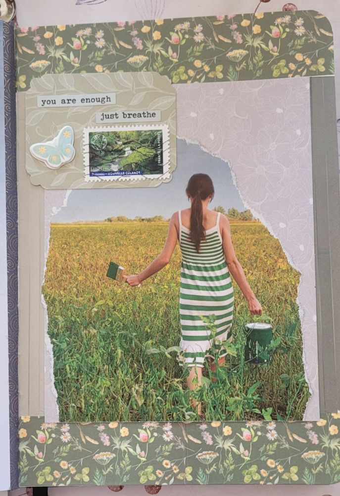 collage mainly green and beige, a person in a green&white stripped dress turn their back while holding a paint bucket in one hand and a paint brush in the other, they're walking in a wild field, there's some washitape green with flowers on the top and bottom 