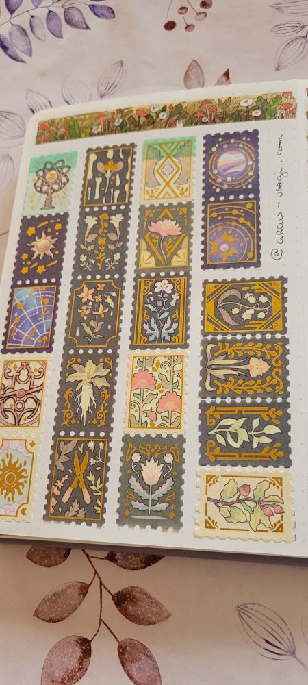 washi tape that look like stamp with space, flowers and flora motifs 