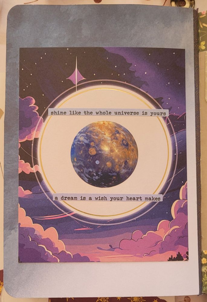 collage quite simple purplish sky with a large white circle with a moon sticker in the middle of it