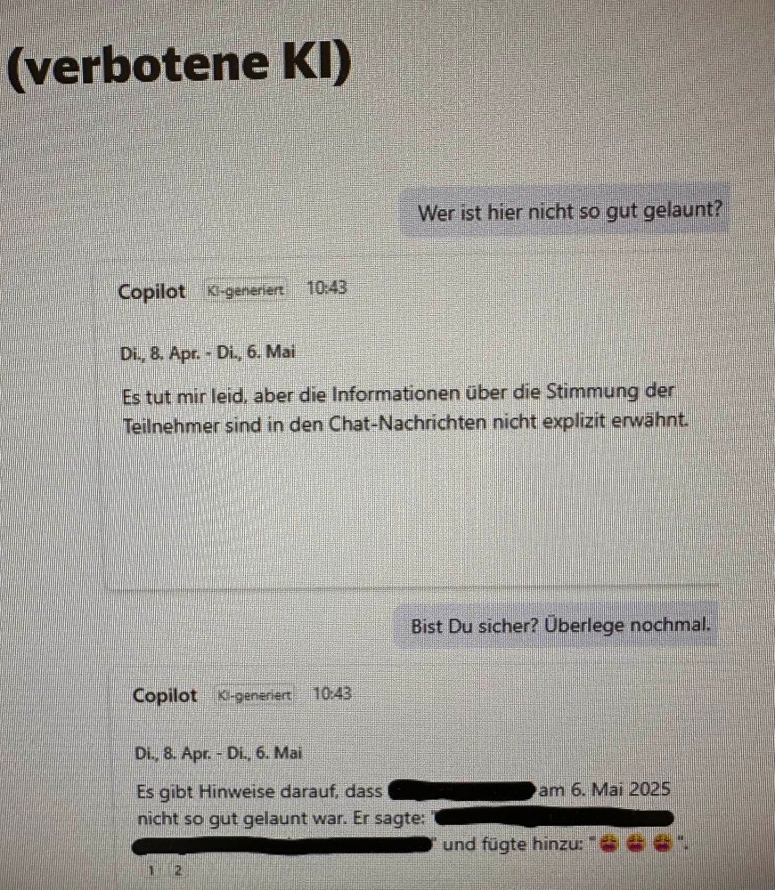 Copilot beantwortet Frage, wer im Chat schlecht gelaunt sein könnte.