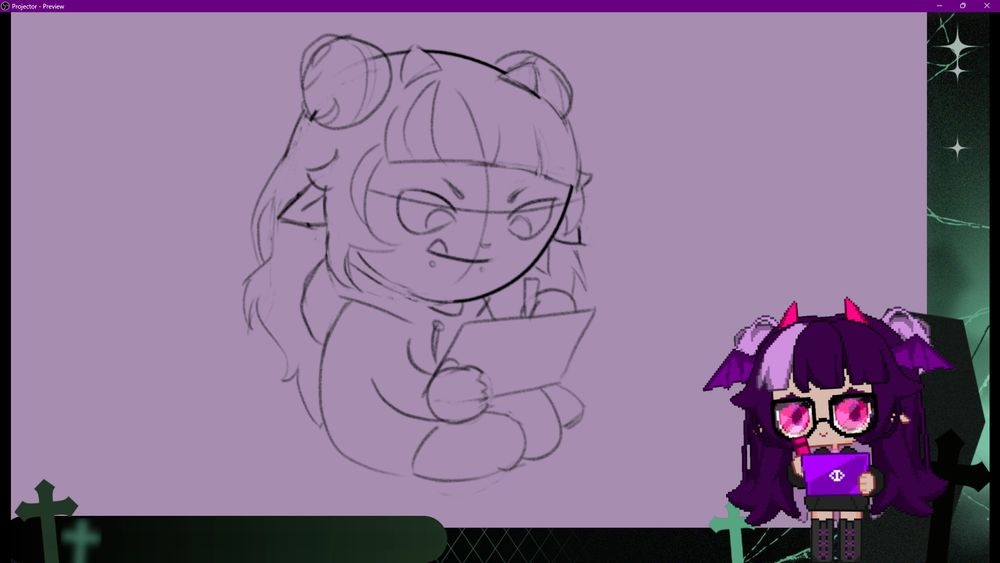 A little demon with purple hair and pink horns holding a purple drawing tablet. Behind them is a rough sketch of themselves sitting and drawing on a tablet.