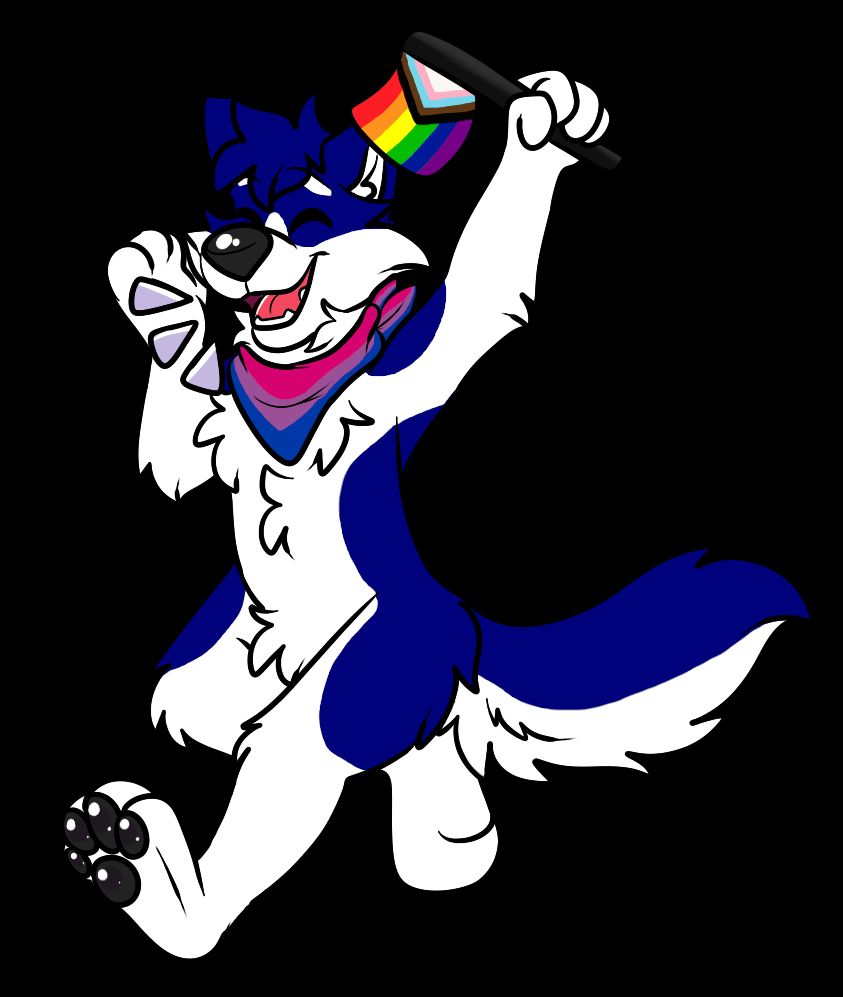 Blue husky wearing a bandana with bisexual flag colors and holding a pride flag.