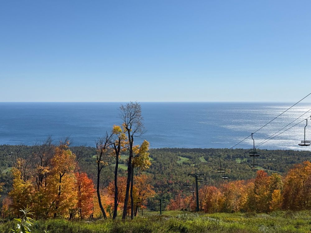 A view of Lake Superior in the distance with trees with fall colors of orange and red in the foreground.
