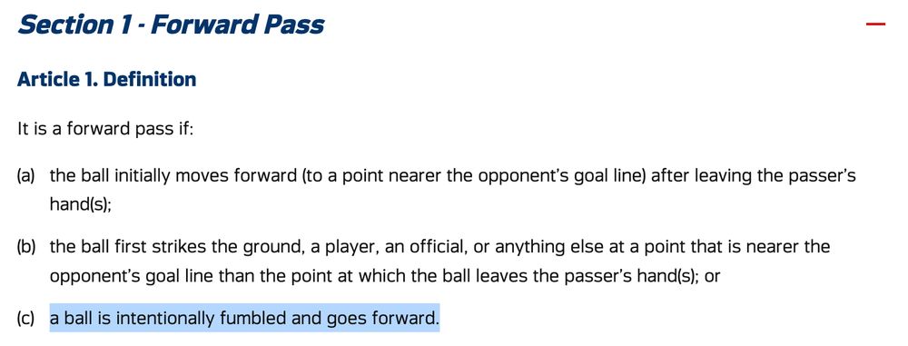 NFL rulebook

It is a forward pass if:

the ball initially moves forward (to a point nearer the opponent’s goal line) after leaving the passer’s hand(s);
the ball first strikes the ground, a player, an official, or anything else at a point that is nearer the opponent’s goal line than the point at which the ball leaves the passer’s hand(s); or
a ball is intentionally fumbled and goes forward.