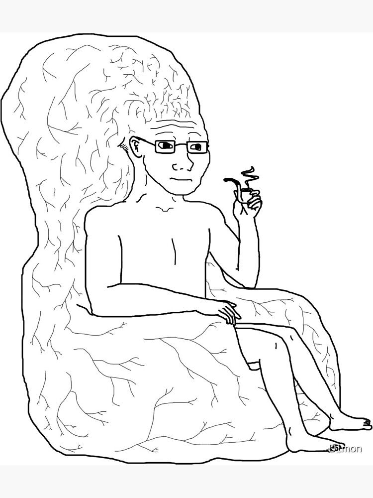 A cartoon of a man whose brain is so large that it grows out of his head into a chair which he is sitting on. He is smoking a pipe to show how wise he is 