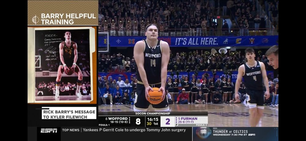A bulky basketball player wearing an upside down headband looking extremely tense while attempting an underhanded free throw, the ball between his knees. Next to him is a picture of Hall of Famer Rick Barry attempting the same shot, looking much calmer 