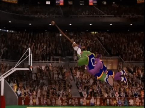 Michael Jordan stretching for the game winning dunk in Space Jam 