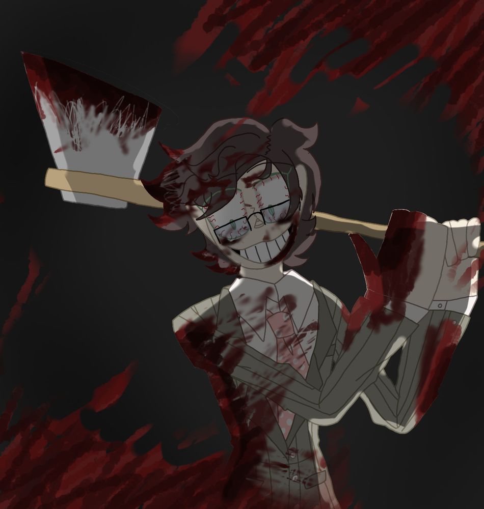 Henry holding an axe and covered in blood